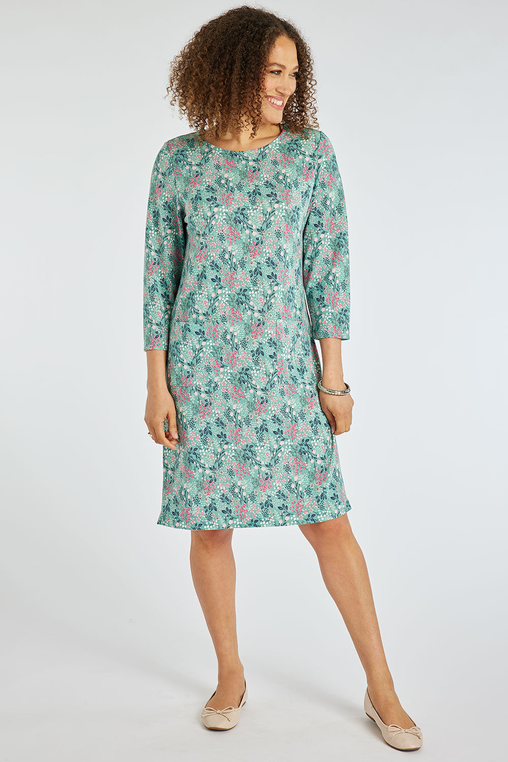 Bonmarche Green Ditsy Floral Print Soft Touch Dress With Pocket Detail, Size: 10