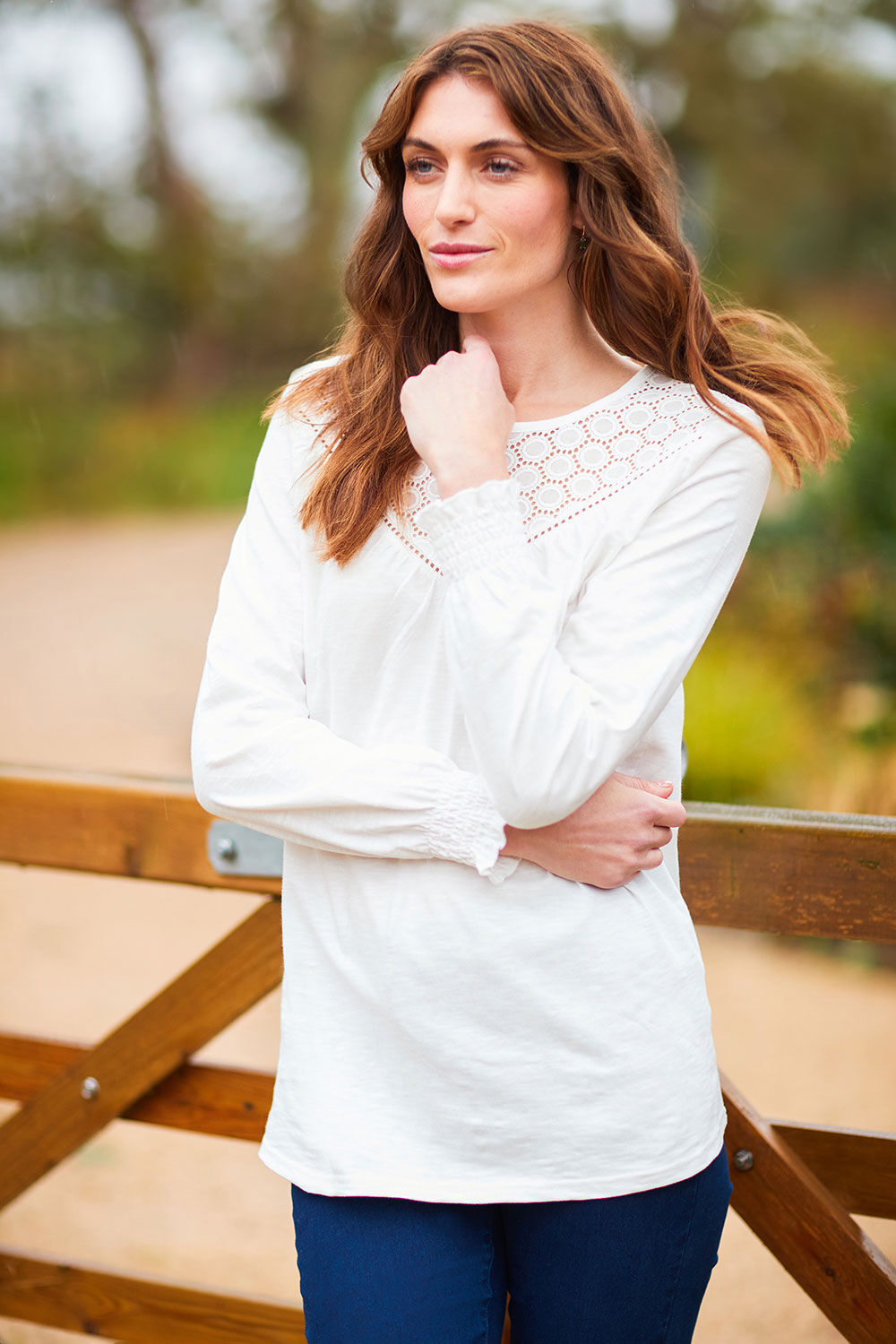 Autonomy Women’s Cream Cotton Long Sleeve Jersey Top with Yoke Detail, Size: L