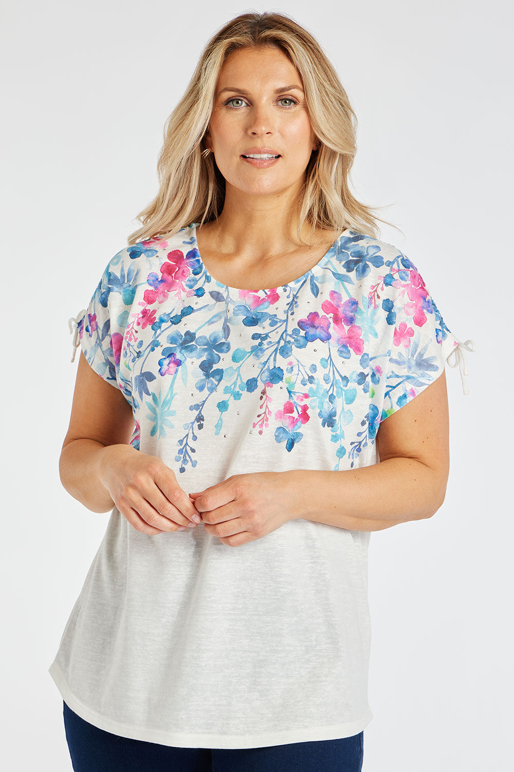 Bonmarche Ivory Short Sleeve Trailing Floral Print Linen Look T-Shirt, Size: 18