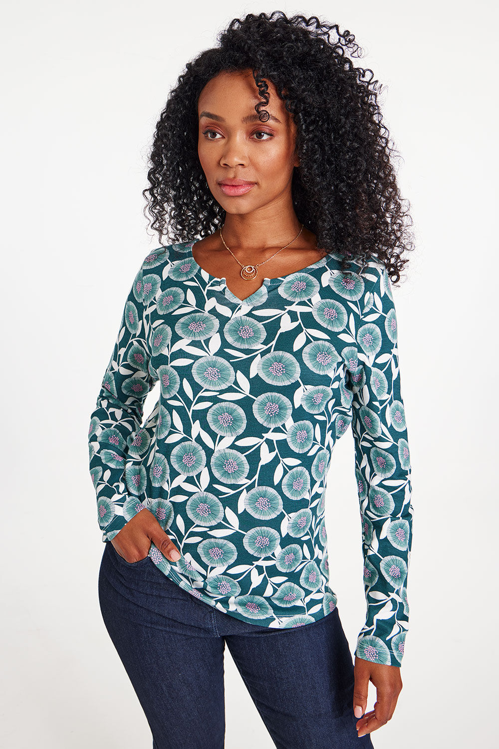 Bonmarche Women’s Green and White Cotton Dandelion Print Long Sleeve Notch Neck T-Shirt, Size: 28