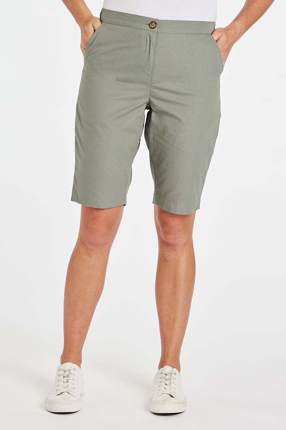 Bonmarche Khaki Elasticated Shorts With Pockets, Size: 28