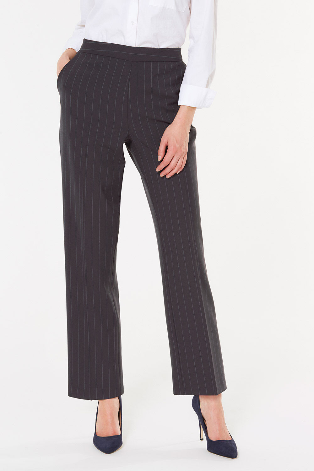 Bonmarche Workwear Classic Straight Leg Stripe Pull On Trouser - Navy, Size: 16