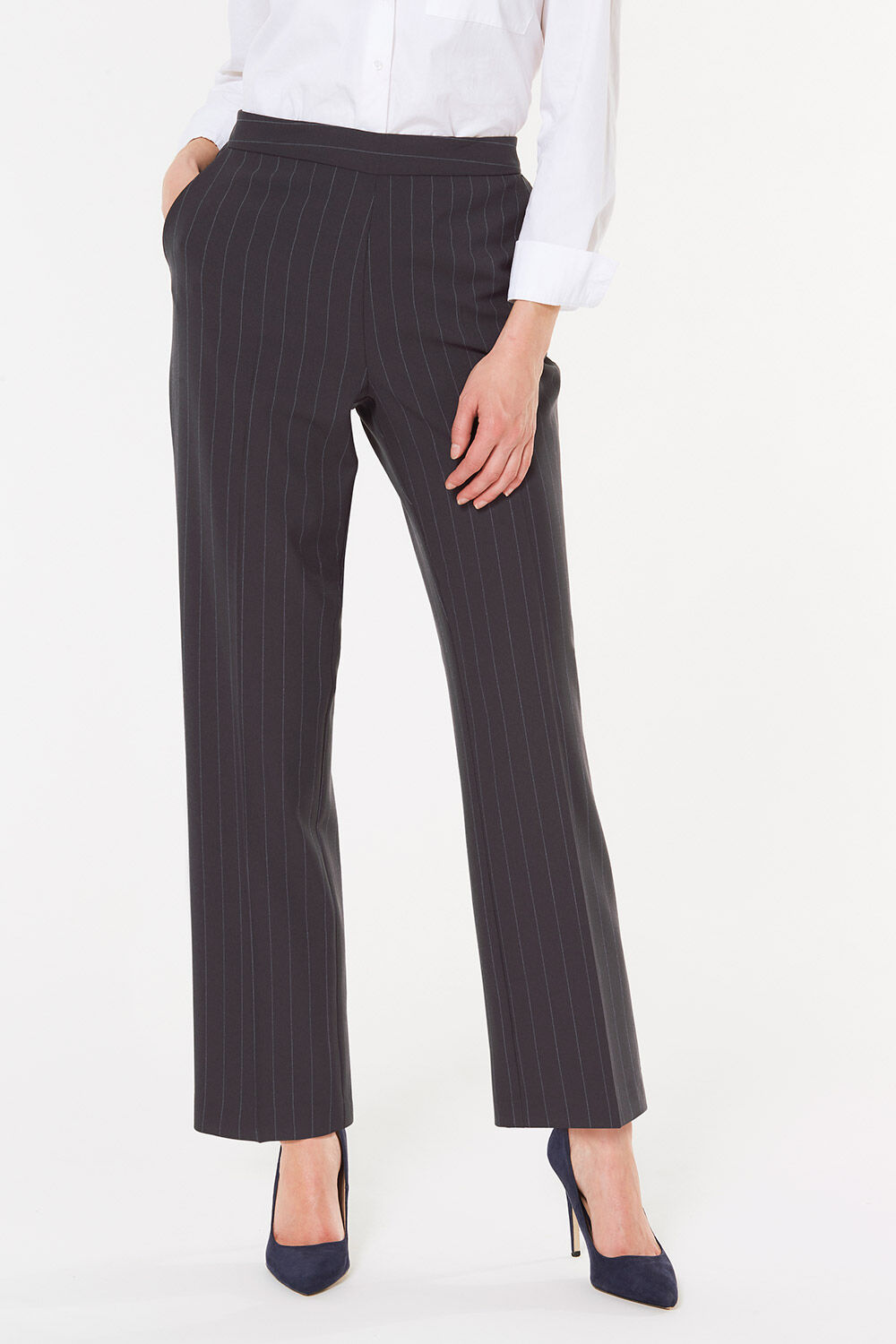 Bonmarche Classic Straight Leg Stripe Pull On Trouser - Navy, Size: 14