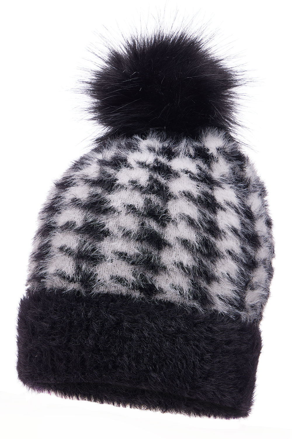 Bonmarche Black Dogstooth Knitted Bobble Hat, Size: One Size
