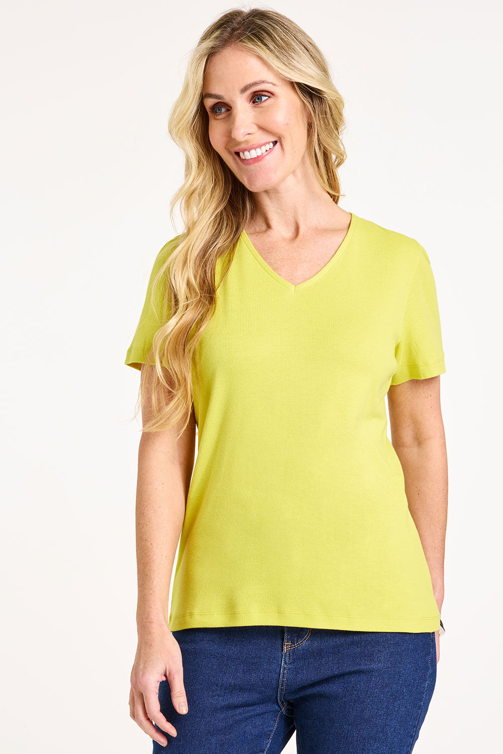 Bonmarche Women’s Yellow Cotton Classic Short Sleeve Plain V-Neck T-Shirt, Size: 28