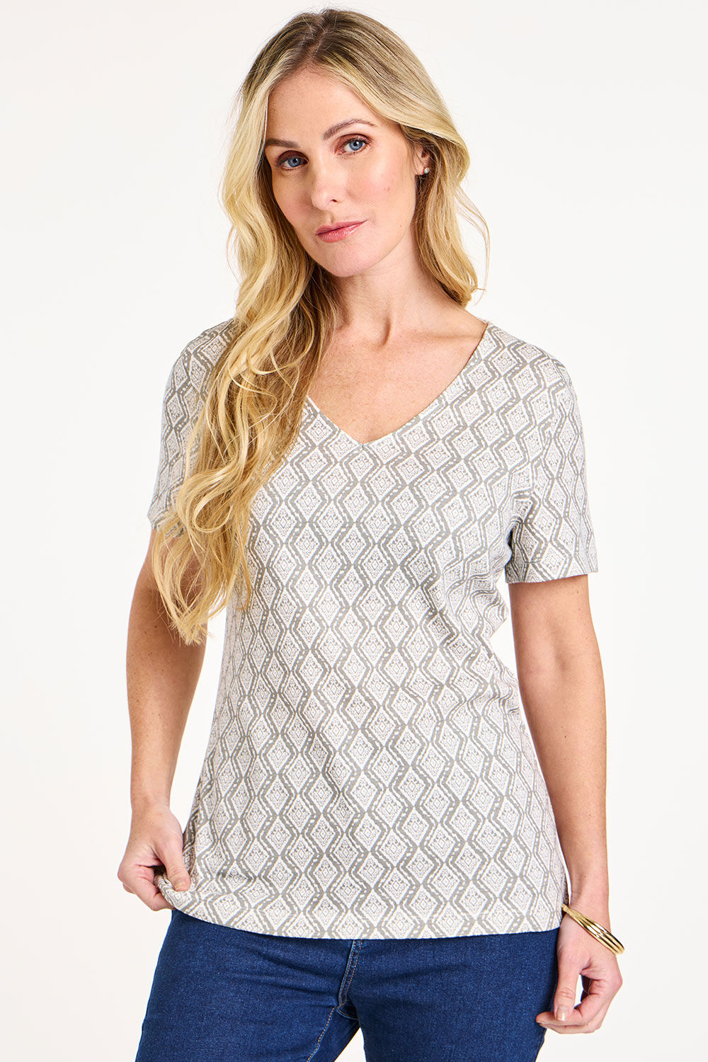 Bonmarche Women’s Khaki Cotton Short Sleeve V-Neck Tile Print T-Shirt, Size: 18