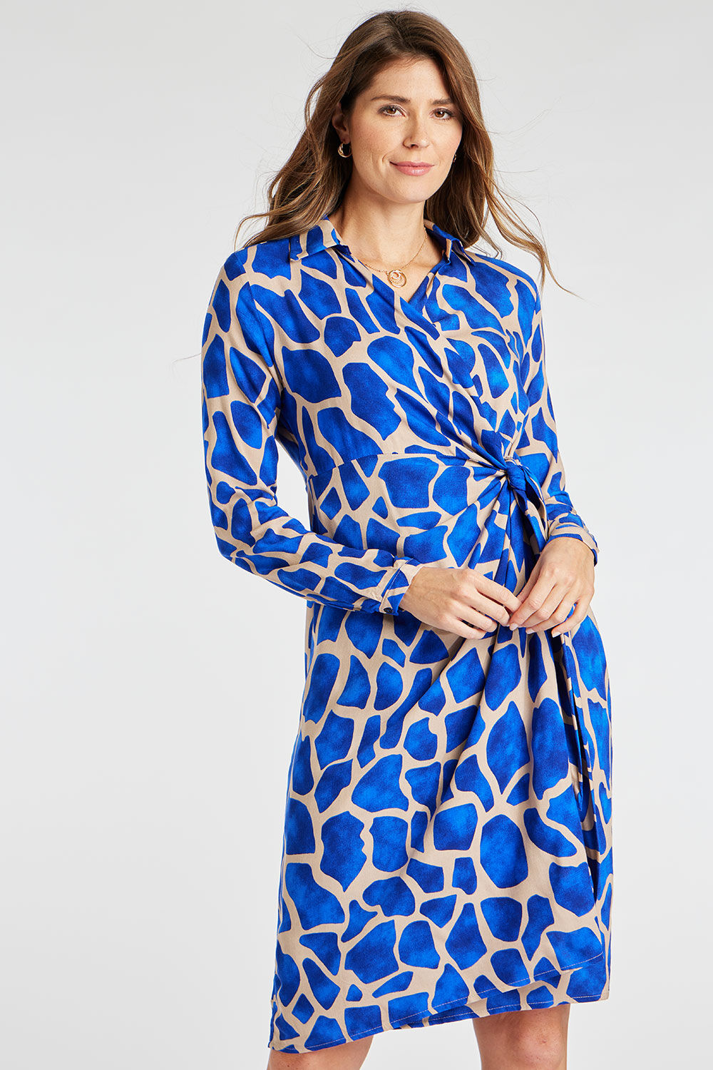 Bonmarche Blue Giraffe Print Wrap Front Dress, Size: 8