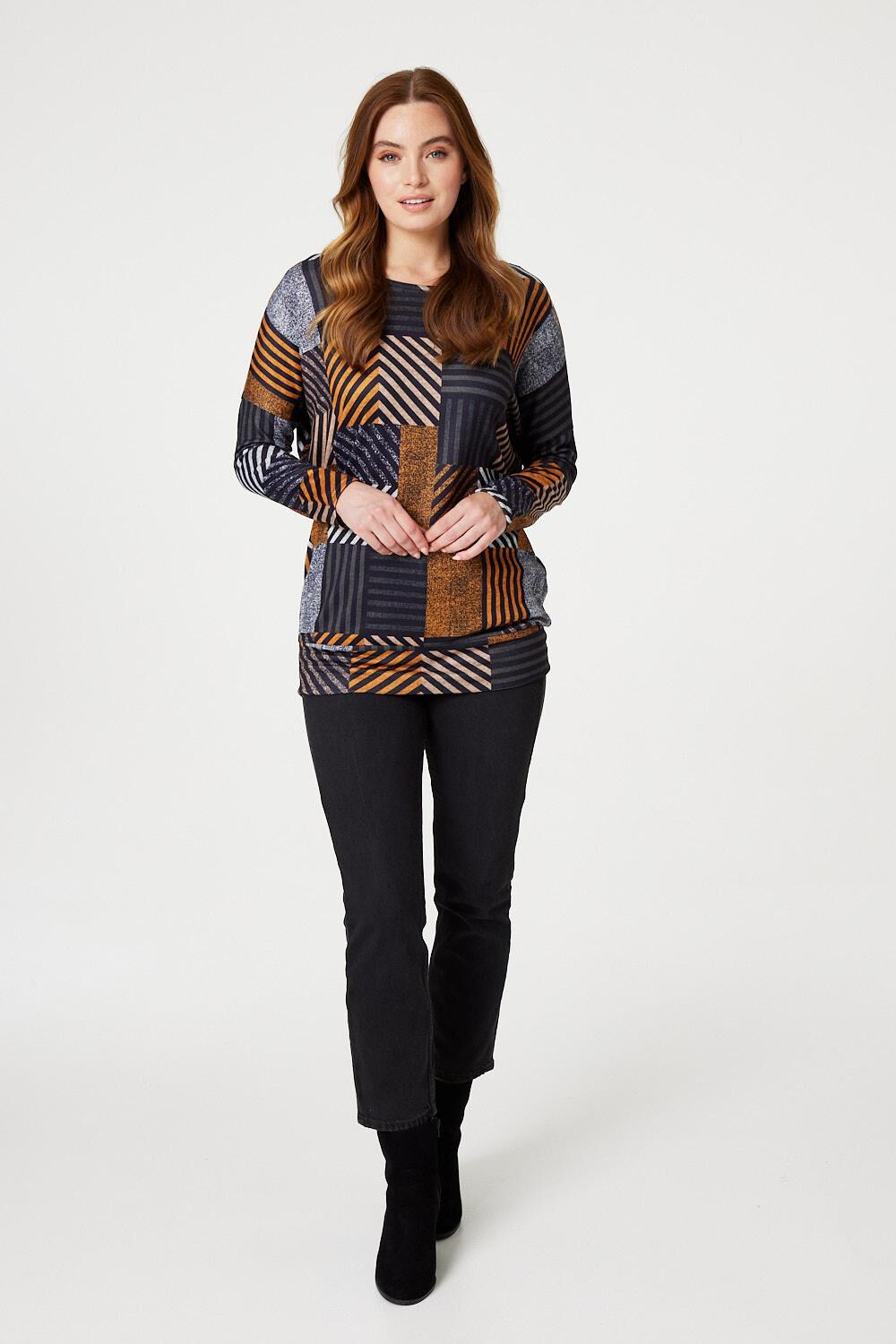 Izabel London Brown - Patchwork Print Relaxed Fit Top, Size: 14