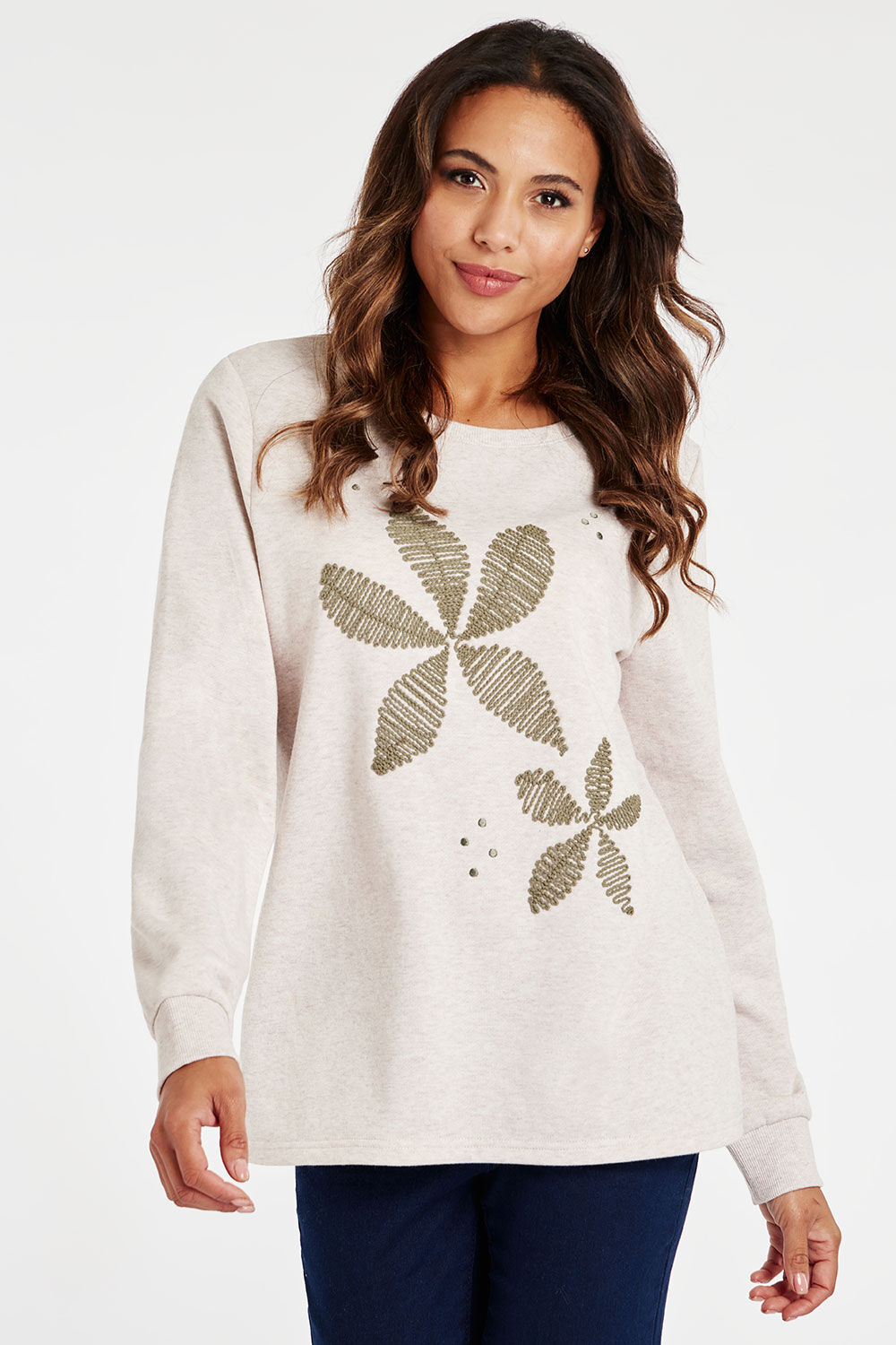 Bonmarche Natural Long Sleeve Flower Embroidered Sweatshirt, Size: 10