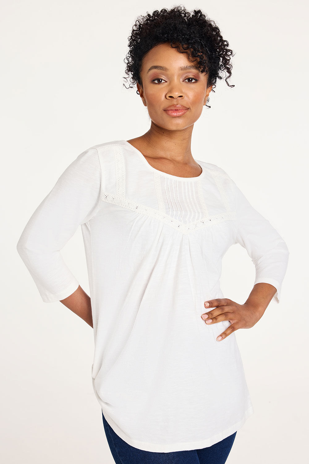 Bonmarche Ivory 3/4 Sleeve Pintuck Top With Lace Detail, Size: 26