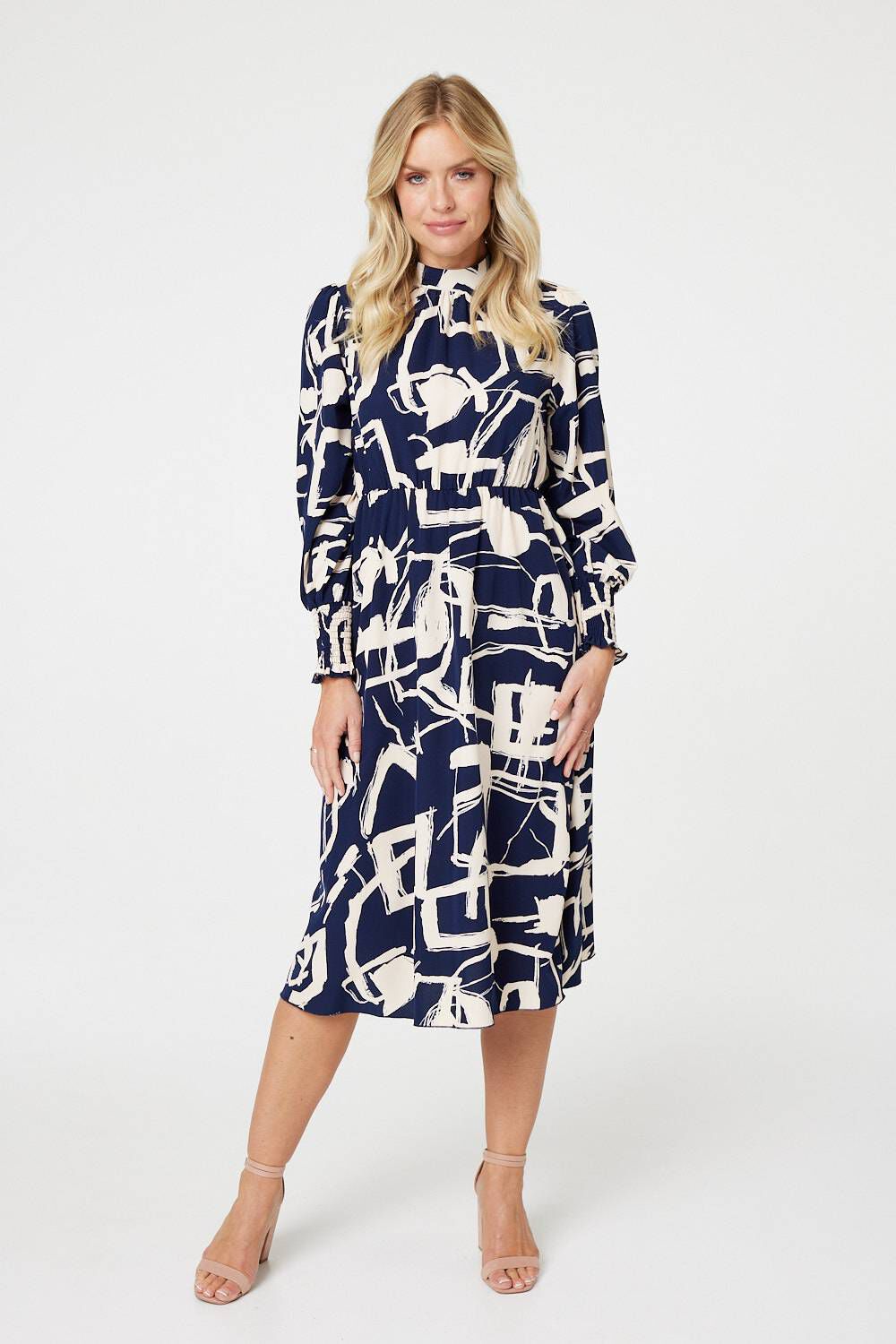 Izabel London Women’s Navy Blue and Cream Printed High Necked Midi Dress, Size: M