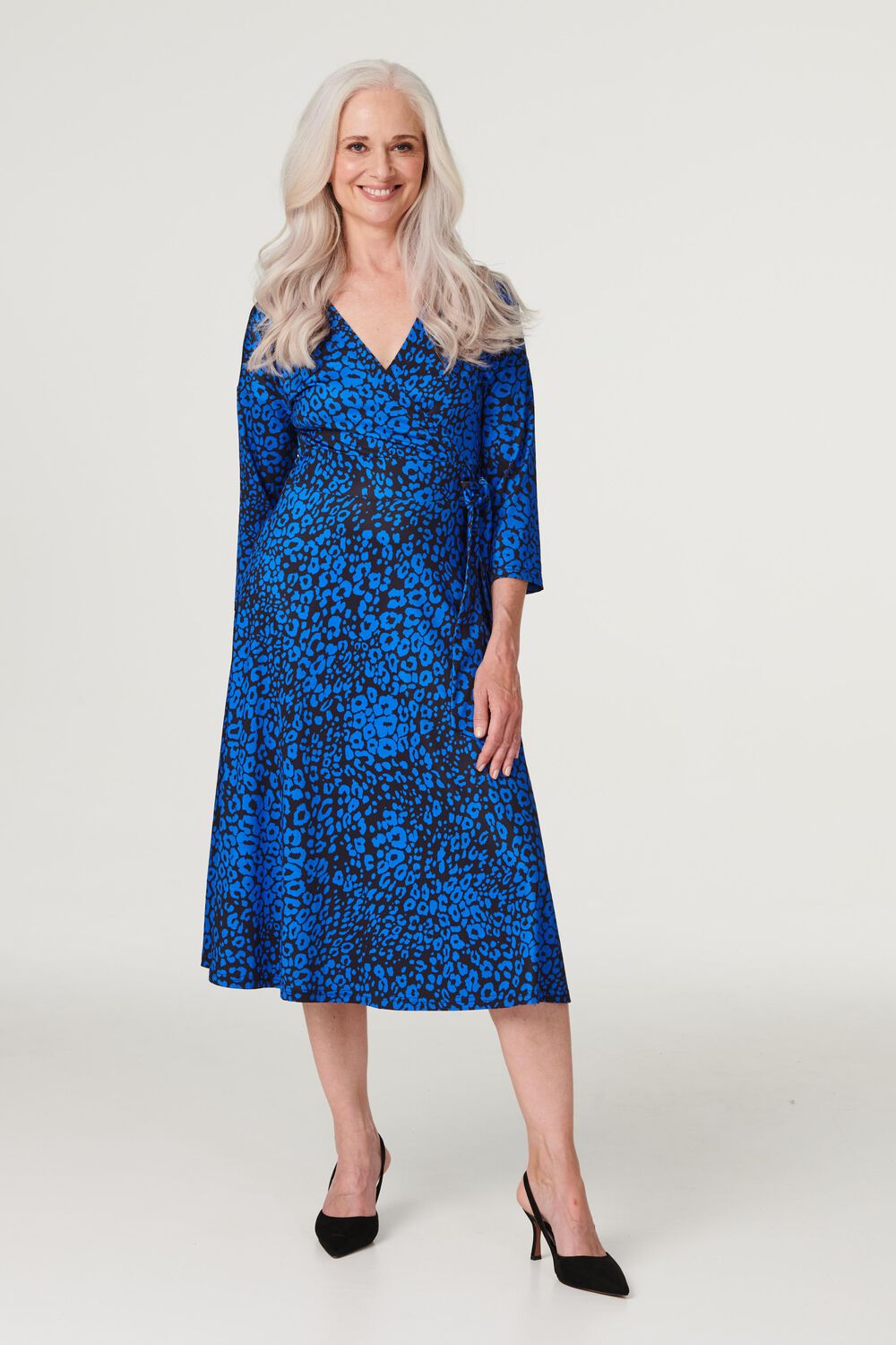 Izabel London Cobalt - Leopard Print Midi Wrap Dress, Size: 12