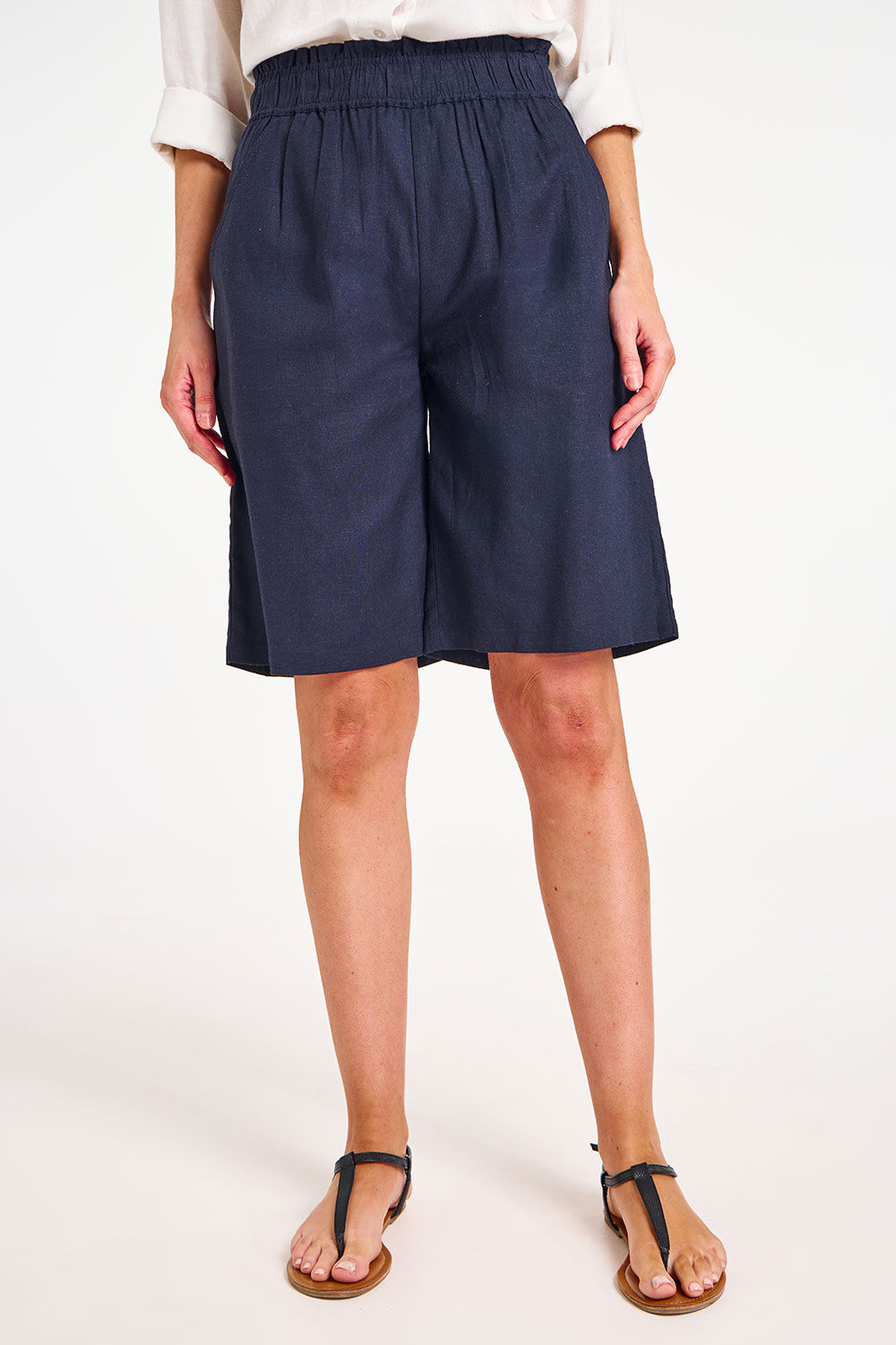 Bonmarche Navy Paperbag Waist Linen Shorts, Size: 18
