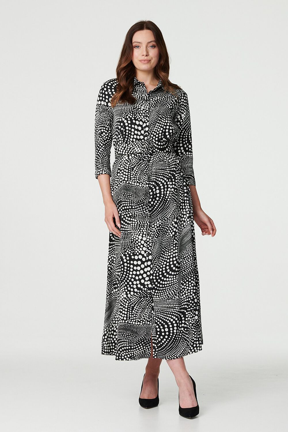 Izabel London Black - Dotty Print 3/4 Sleeve Shirt Dress, Size: 16