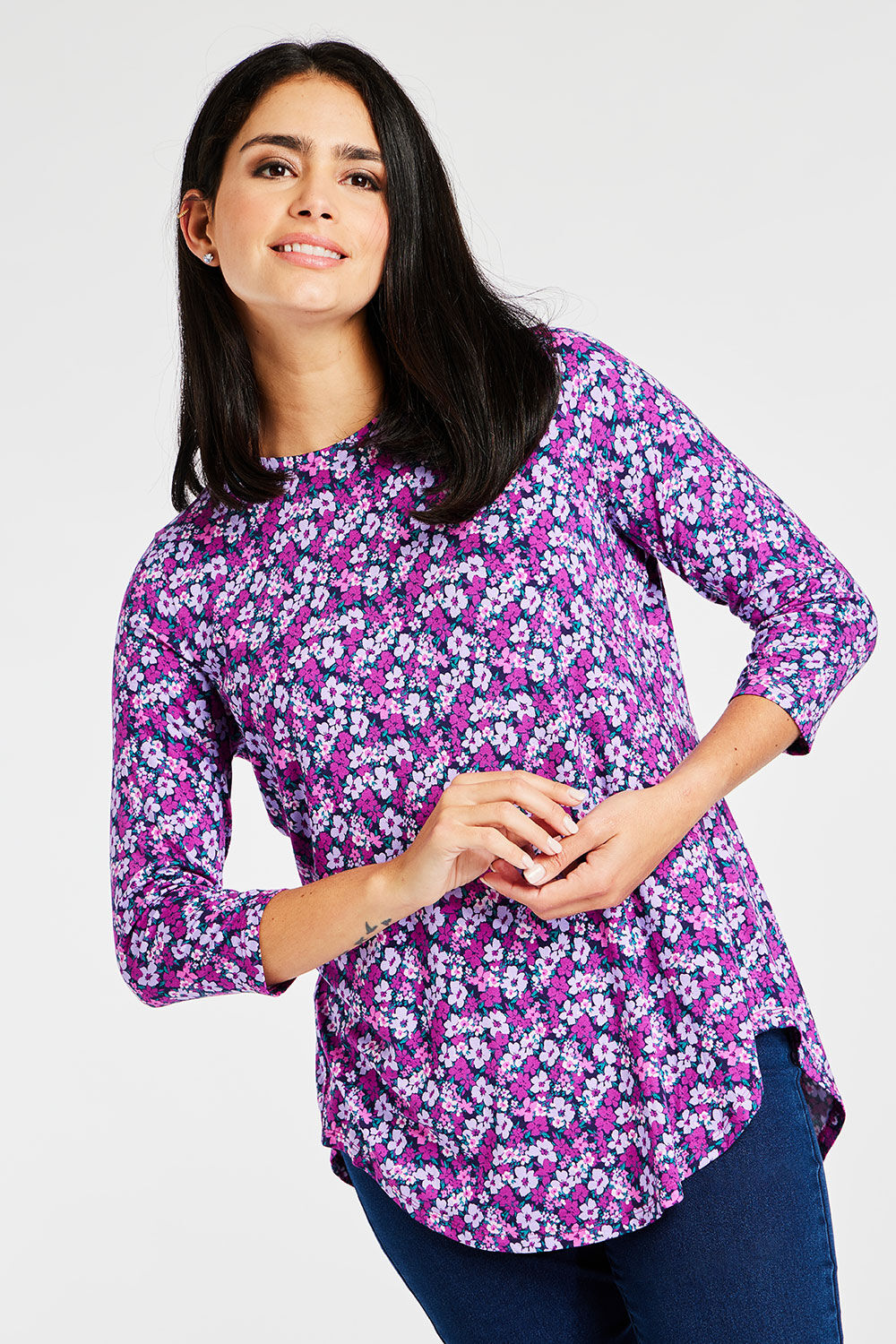 Bonmarche Lilac 3/4 Sleeve Ditsy Floral Print Tunic With Pleated Back, Size: 10