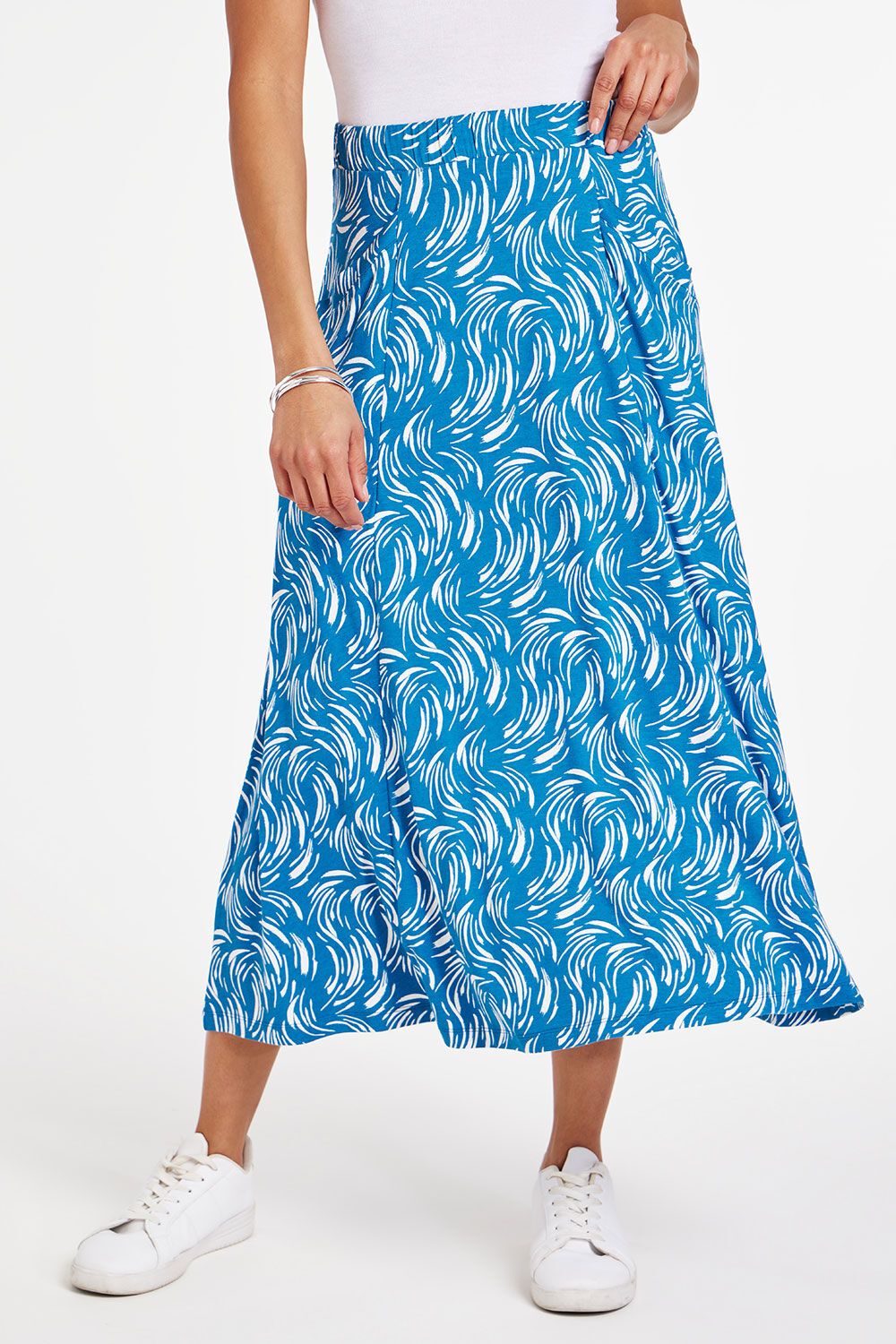 Bonmarche Teal Swirl Print Longline Jersey Elasticated Skirt With Pocket Detail, Size: 18