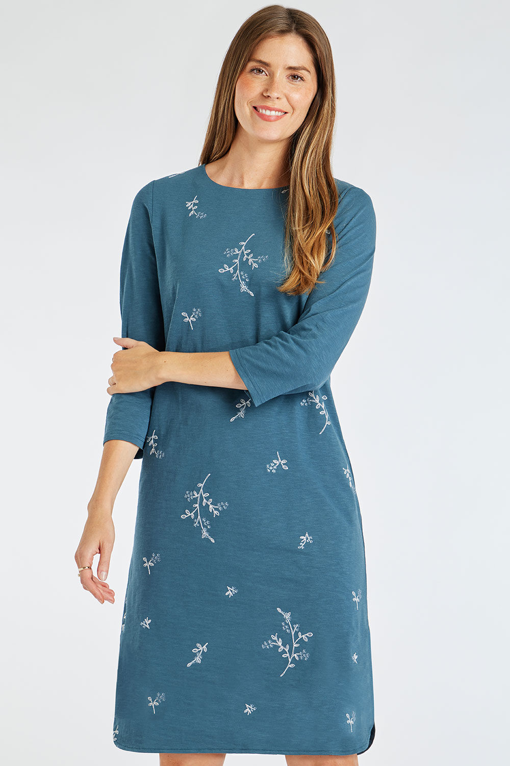 Bonmarche Teal Embroidered Cotton Tunic Dress, Size: 10