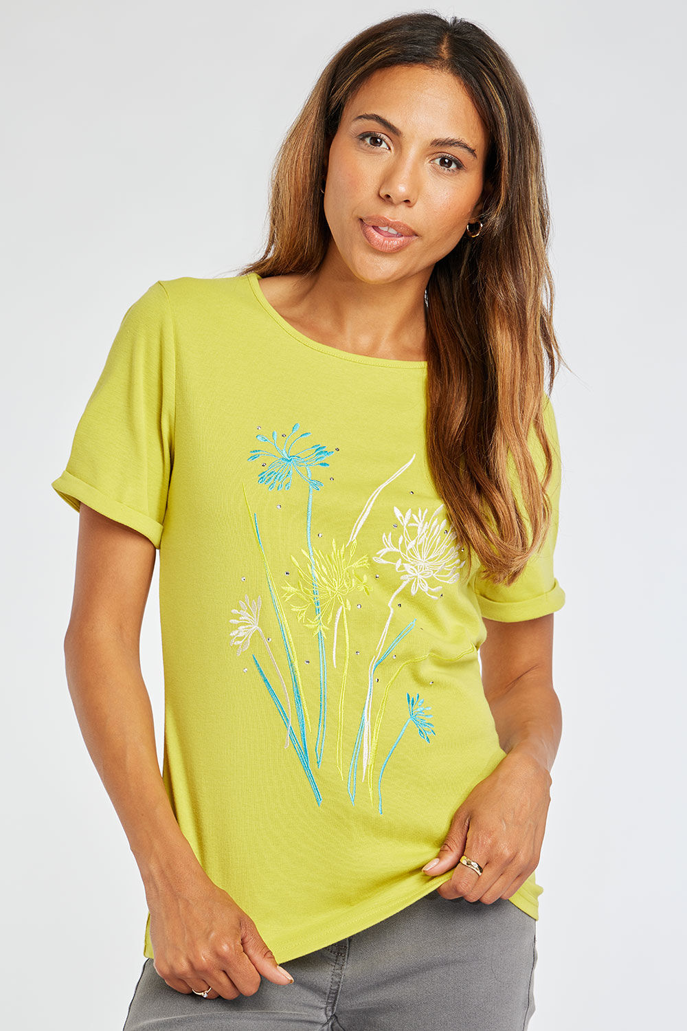 Bonmarche Lime Short Sleeve Embroidered T-Shirt With Hotfix Detail, Size: 20
