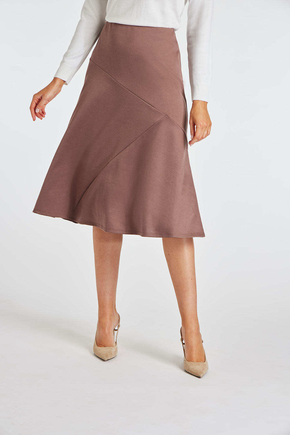 Bonmarche Brown Plain Paneled Elasticated Skirt, Size: 10