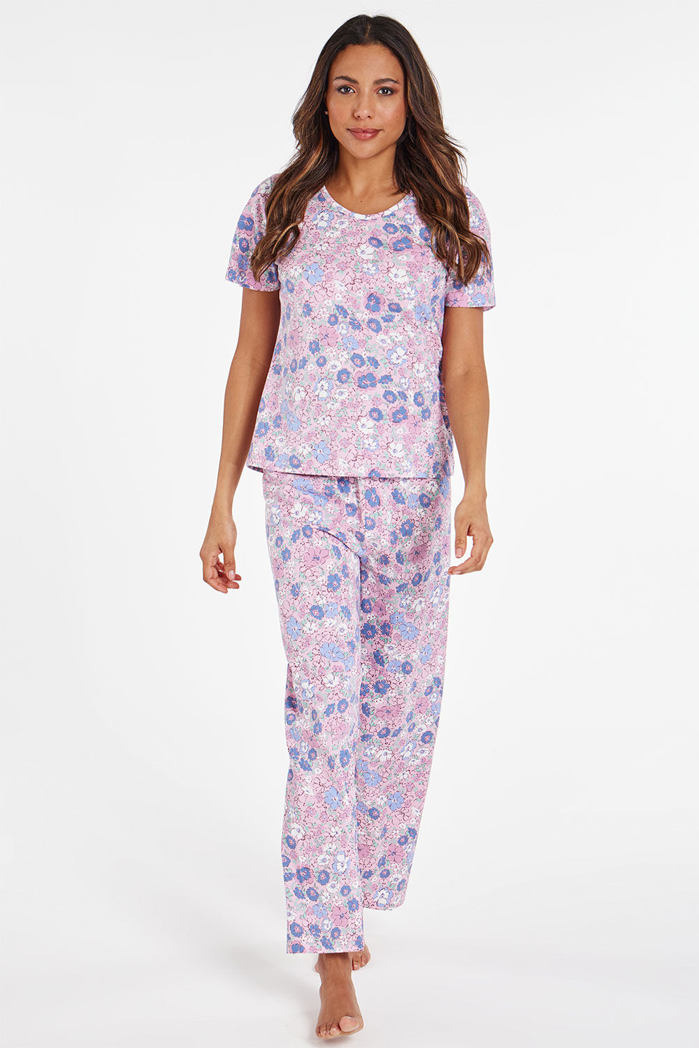 Bonmarche Pink 100% Cotton Short Sleeve Floral Print Jersey Pyjama Set, Size: 16-18