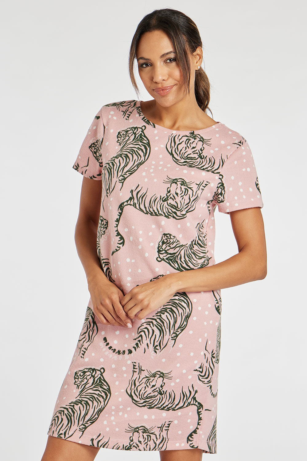 Bonmarche Pink Tiger and Spot Print Soft Touch Nightdress, Size: 08-10