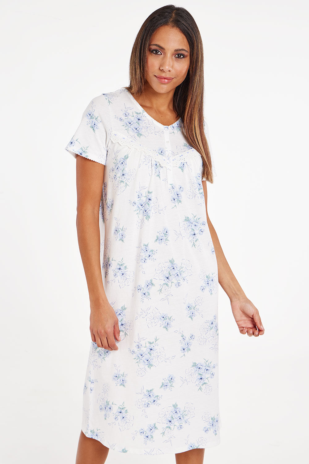 Bonmarche Blue 100 % Cotton Short Sleeve Watercolour Floral Print Jersey Nightdress, Size: 08-10