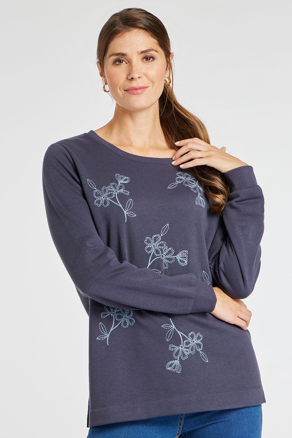 Bonmarche Women’s Navy Blue Floral Embroidered Long Sleeve Tonal Sweatshirt, Size: 16