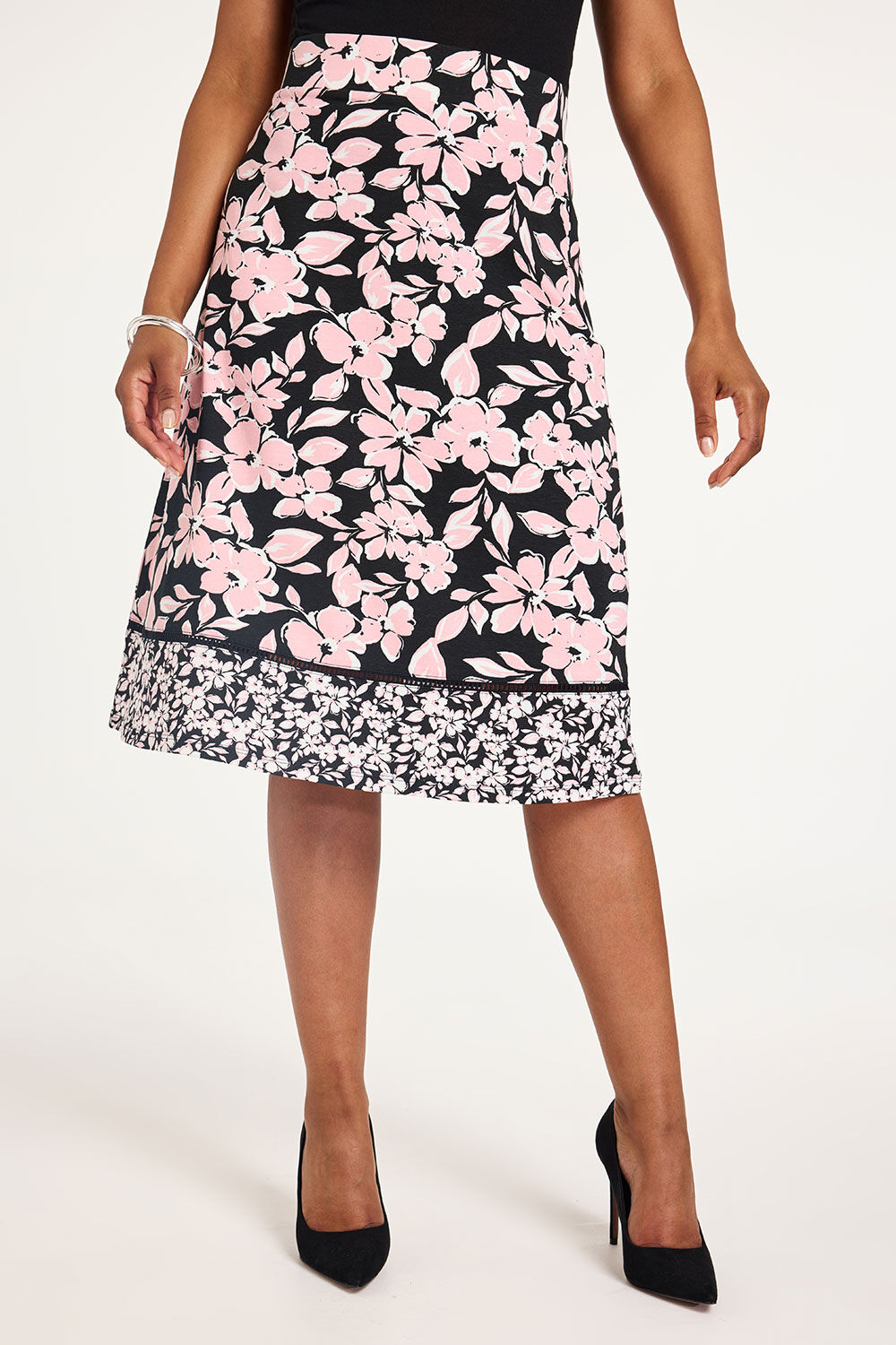 Bonmarche Black Floral Border Print A-Line Jersey Skirt, Size: 14