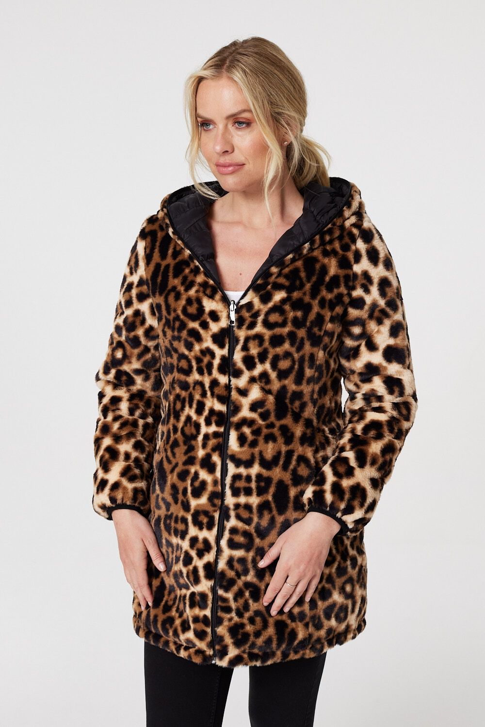 Izabel London Women’s Black and Brown Leopard Print Reversible Faux Fur Puffer, Size: 18