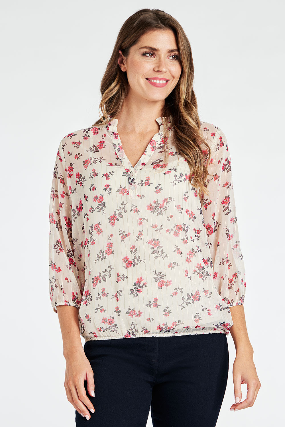 Bonmarche Ivory 3/4 Sleeve Floral Bubble Hem Blouse With Cami Top, Size: 14