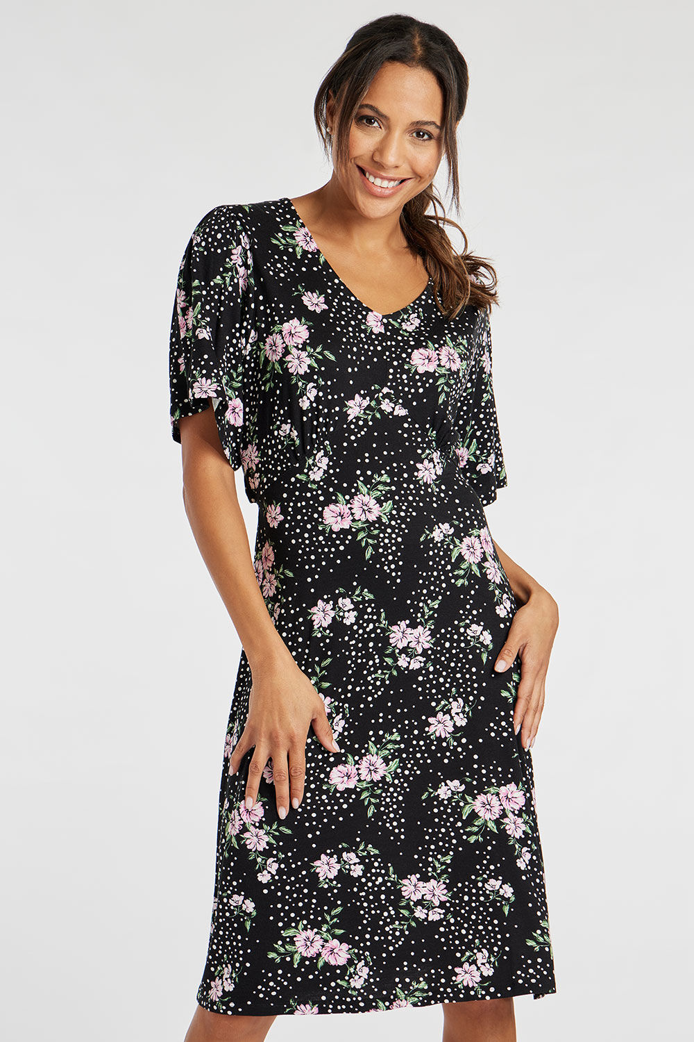 Bonmarche Black Floral Spot Print Jersey Tea Dress, Size: 24