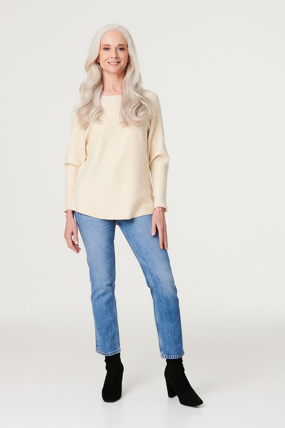Izabel London Cream - Embellished Long Sleeve Knit Top, Size: L