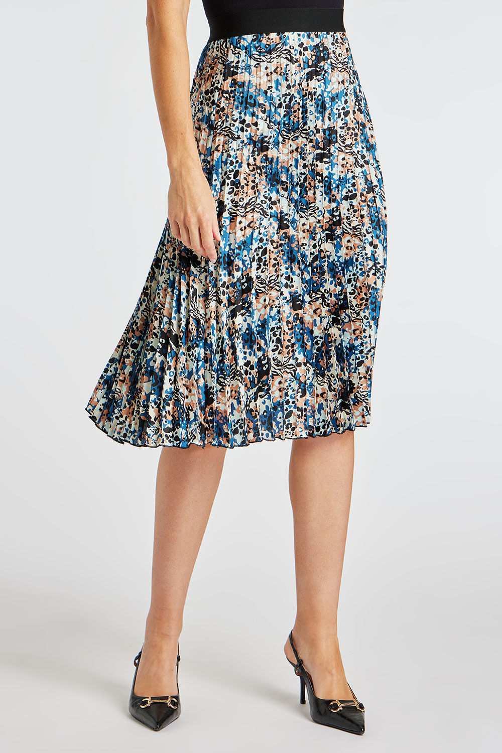Bonmarche Brown Animal Patchwork Print Elasticated Pleated Skirt, Size: 12