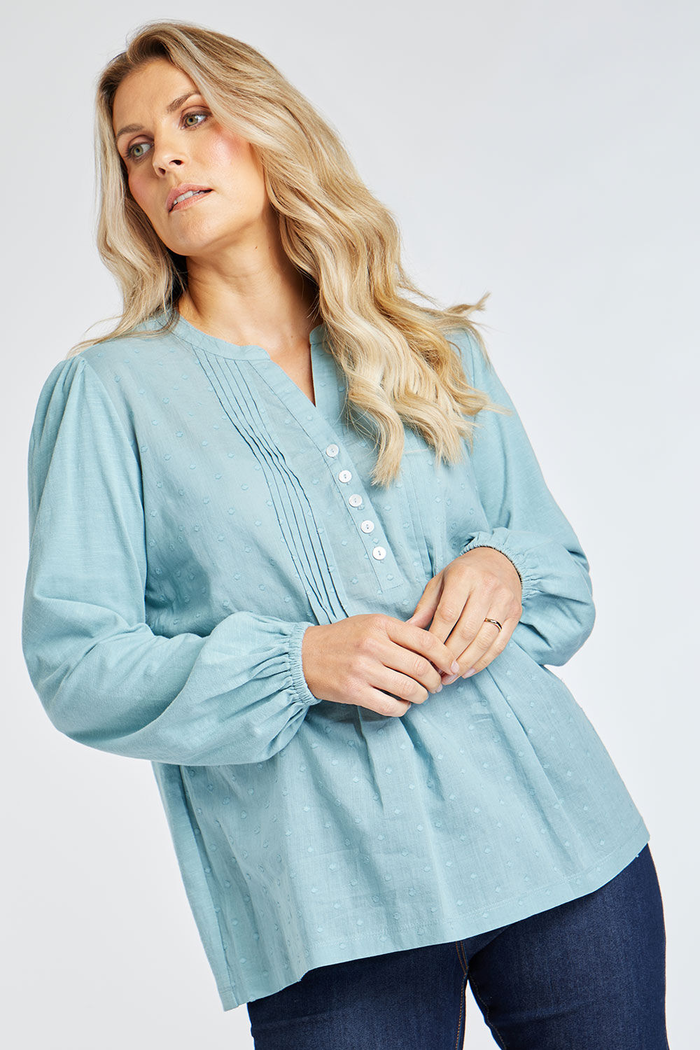 Bonmarche Women’s Blue Cotton Dobby Woven 3/4 Sleeve Front Style Pintuck Blouse, Size: 14