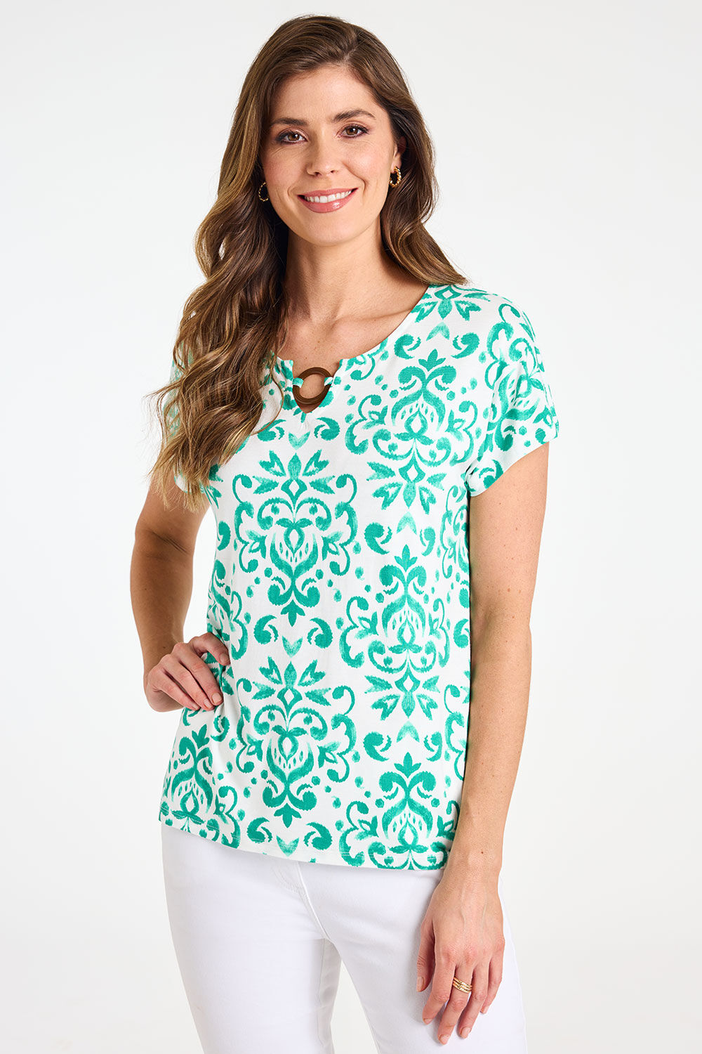 Bonmarche Green Short Sleeve Watercolour Print Top With Ring Detail, Size: 28