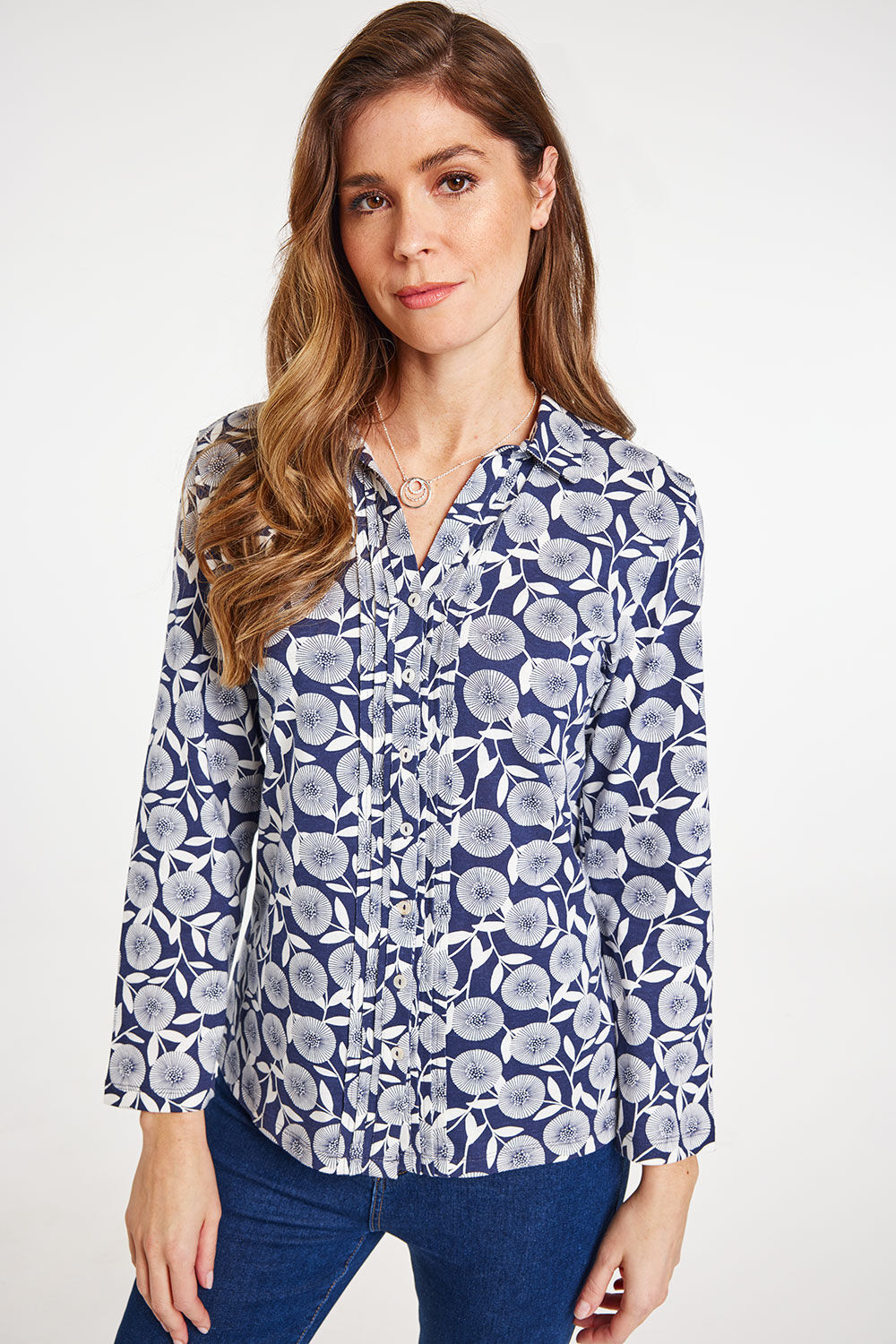 Bonmarche Navy Long Sleeve Dandelion Print Button Through Jersey Shirt, Size: 28