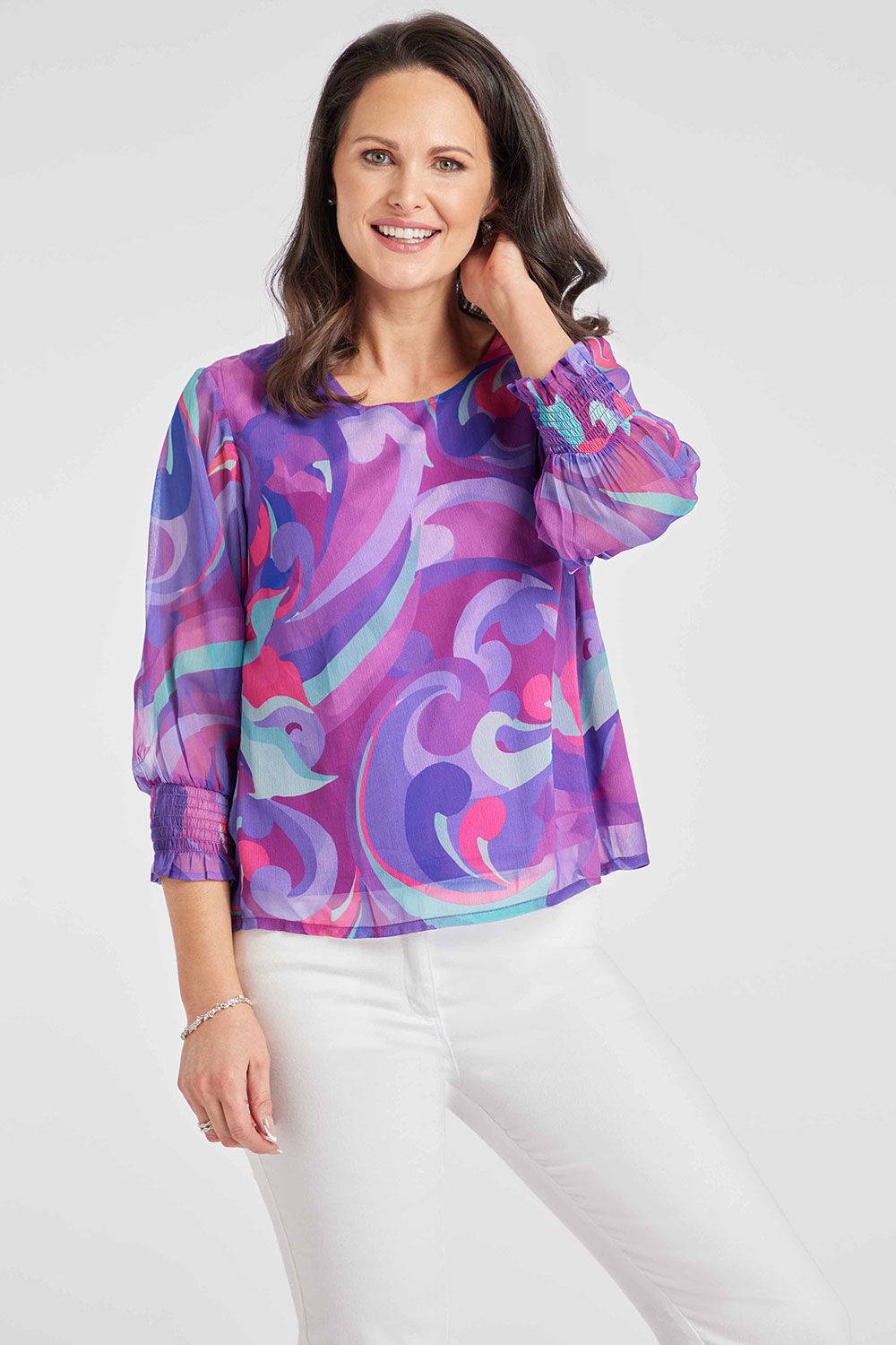 Bonmarche Purple/pink 3/4 Sleeve Floral Swirl Printed Blouse, Size: 14
