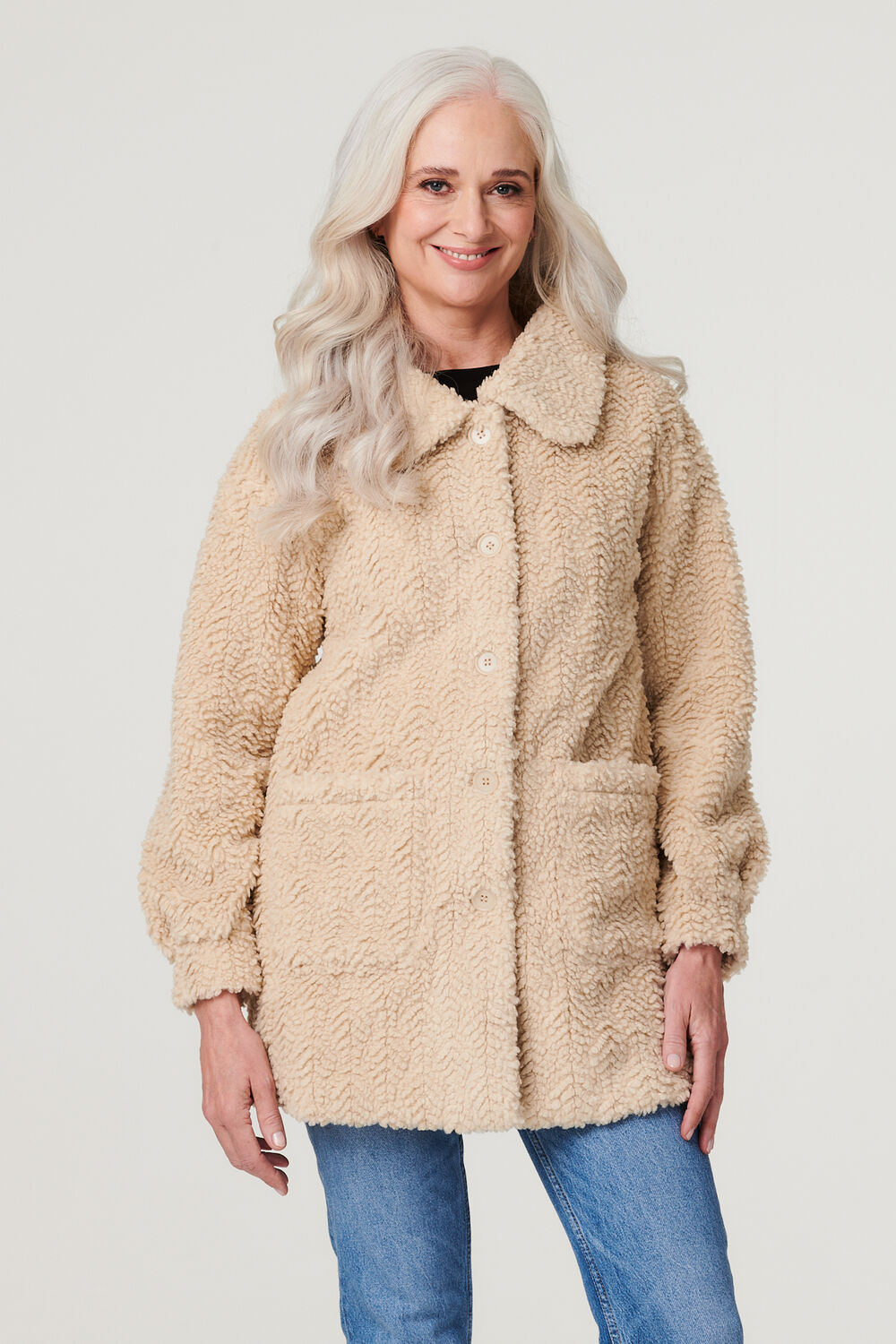 Izabel London Women’s Beige Textured Faux Fur Teddy Coat, Size: 14