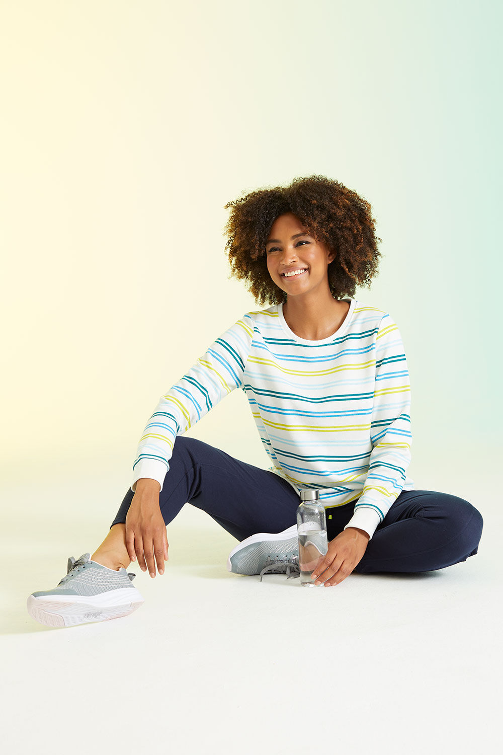 DASH Women’s White, Blue and Yellow Striped Long Sleeve Double Sweatshirt, Size: 20