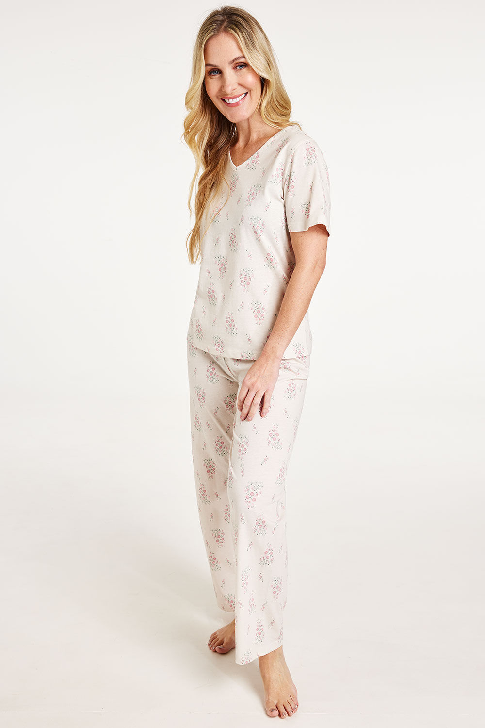 Bonmarche Ivory 100% Cotton Short Sleeve Pink Floral Bouquet Jersey Pyjama Set, Size: 08-10