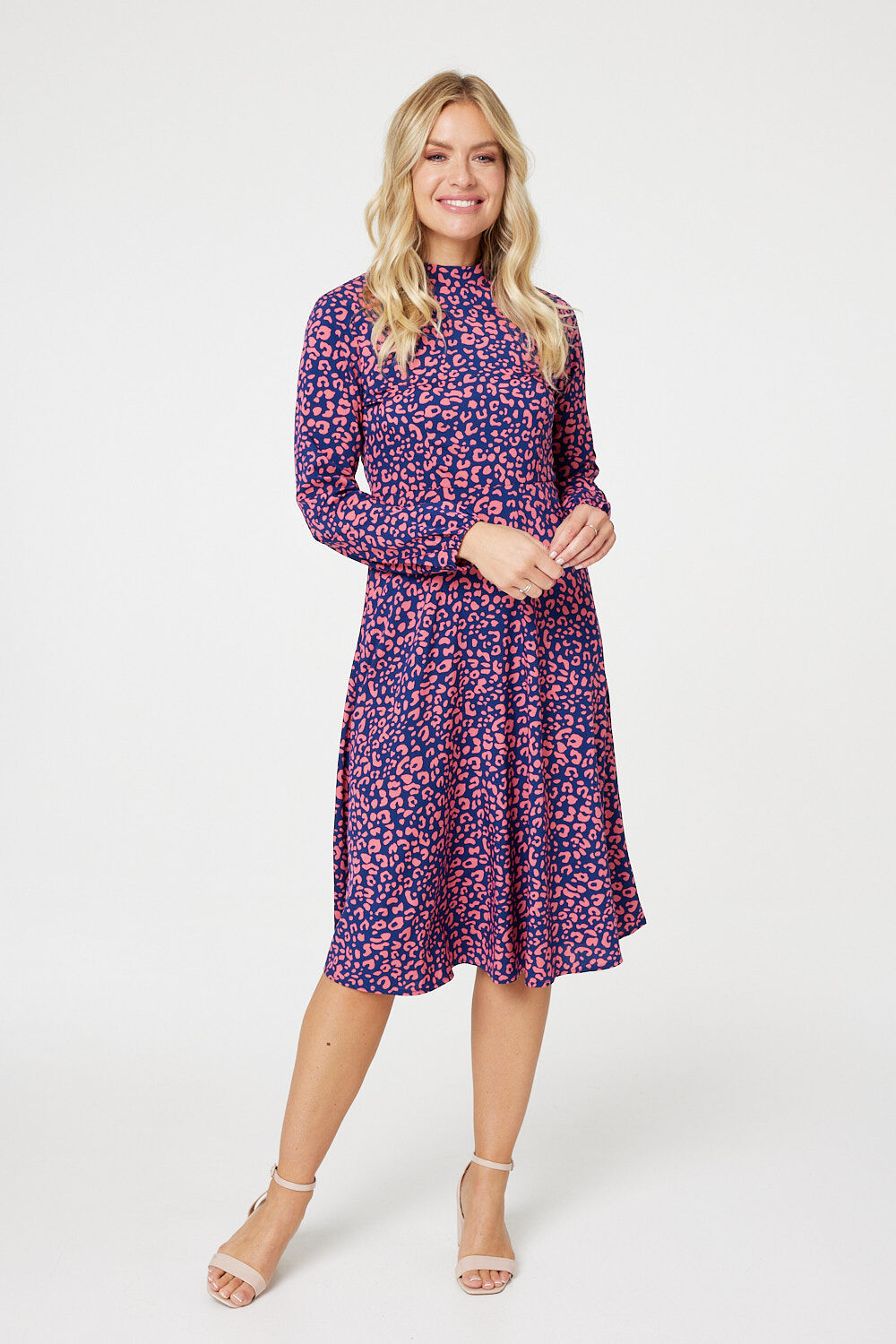 Izabel London Women’s Blue Leopard Print Stylish High Neck Tea Dress, Size: 18