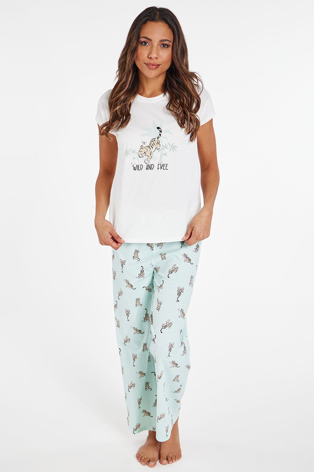 Bonmarche Mint 100% Cotton Short Sleeve Tiger Print Jersey Pyjama Set, Size: 20-22