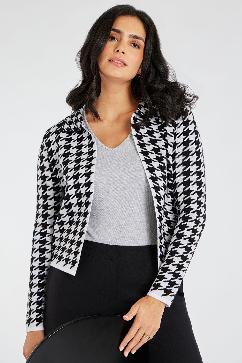 Bonmarche Black Houndstooth Collared Jacquard Cardigan, Size: 12