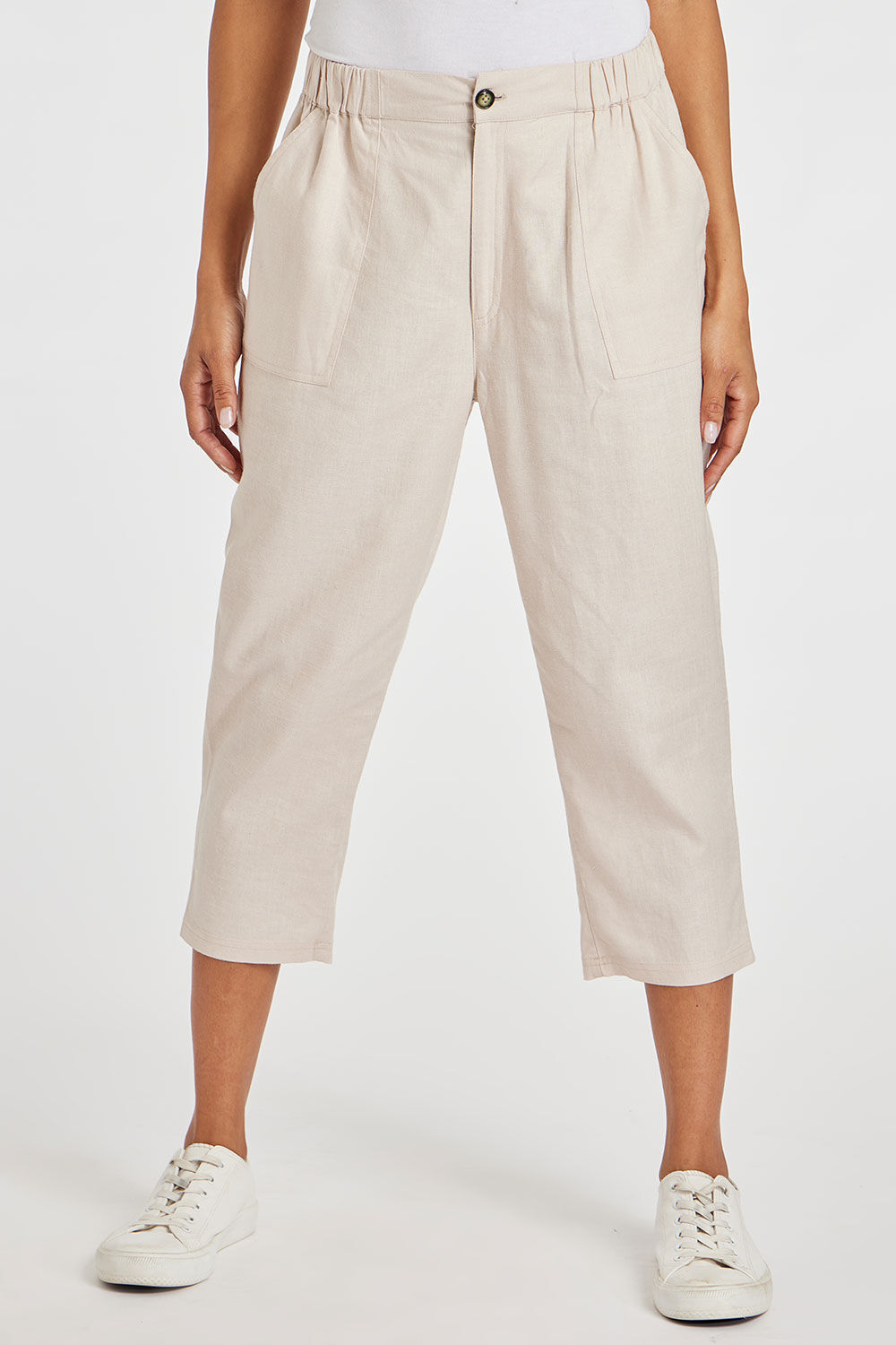 Bonmarche Stone Tapered Cropped Linen Trousers With Button Detail, Size: 14
