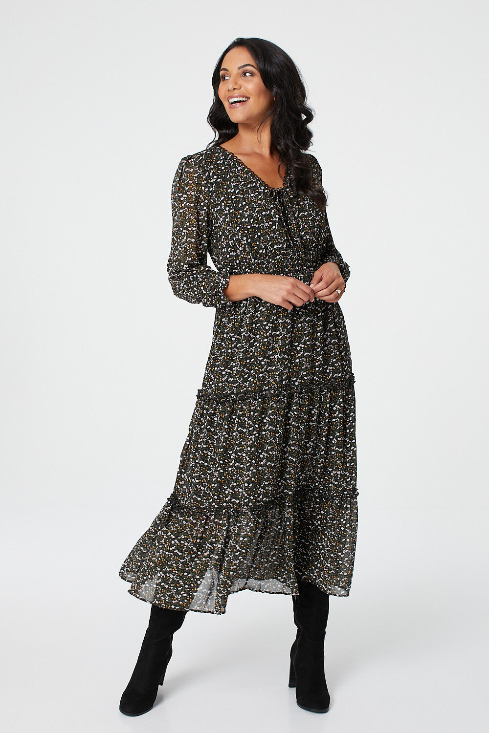 Izabel London Black - Floral Tie Front Tiered Midi Dress, Size: 16