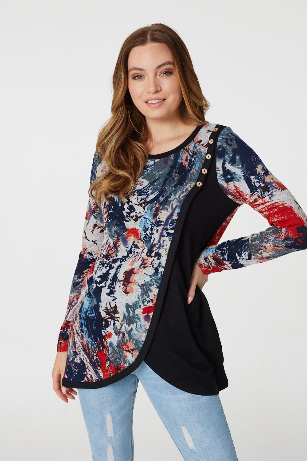 Stella Morgan Multi - Long Sleeve Wrap Shoulder Design Tunic With Button Detail, Size: 10