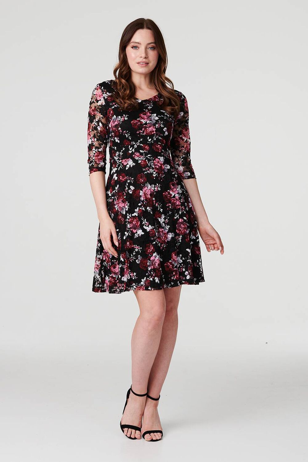 Izabel London Red - Rose Print Lace Overlay Short Dress, Size: 10
