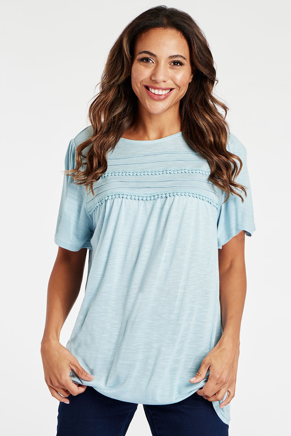 Bonmarche Blue Short Sleeve Lace Trim T-Shirt, Size: 16