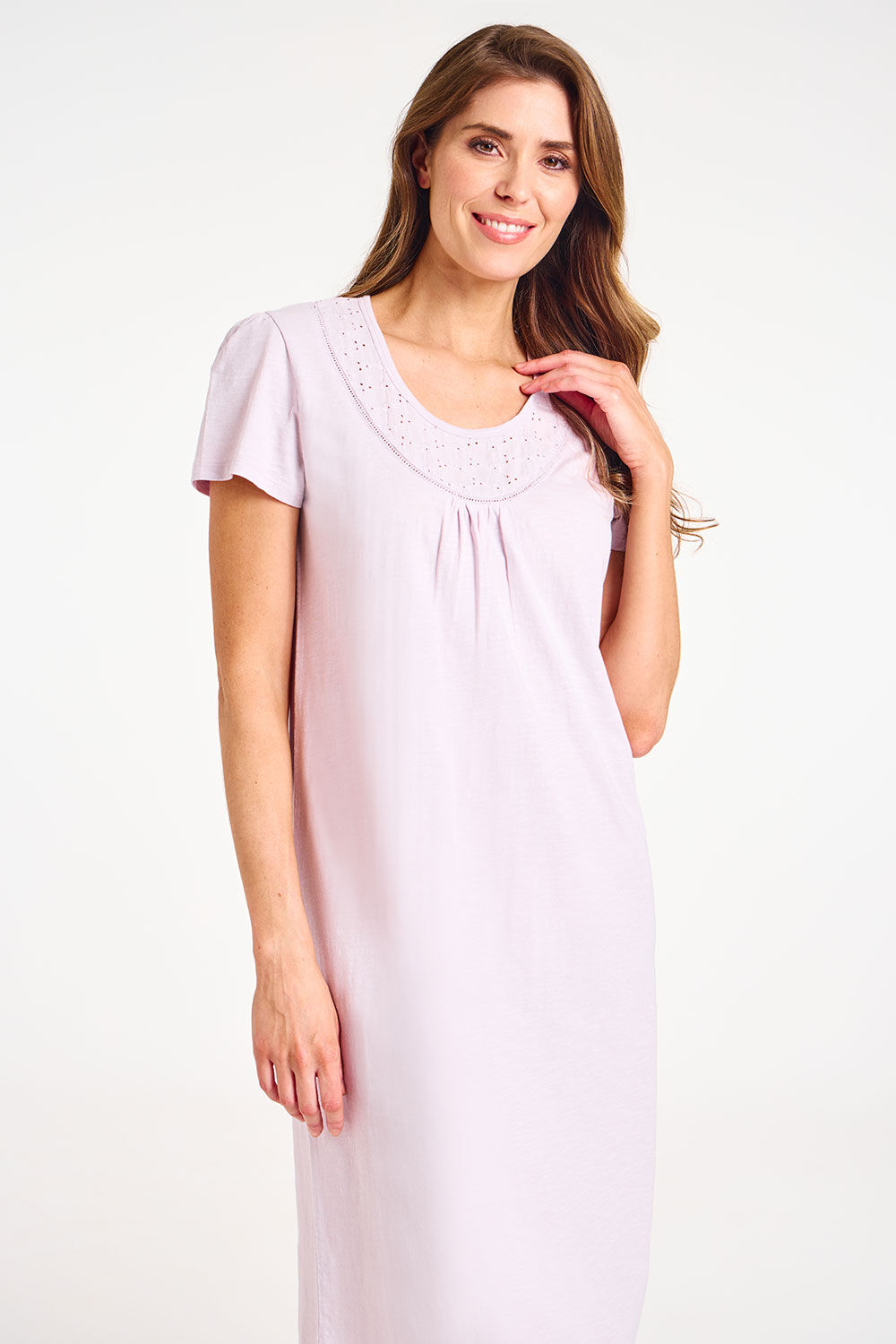 Bonmarche Lilac Short Sleeve Broderie and Jersey Nightdress, Size: 20