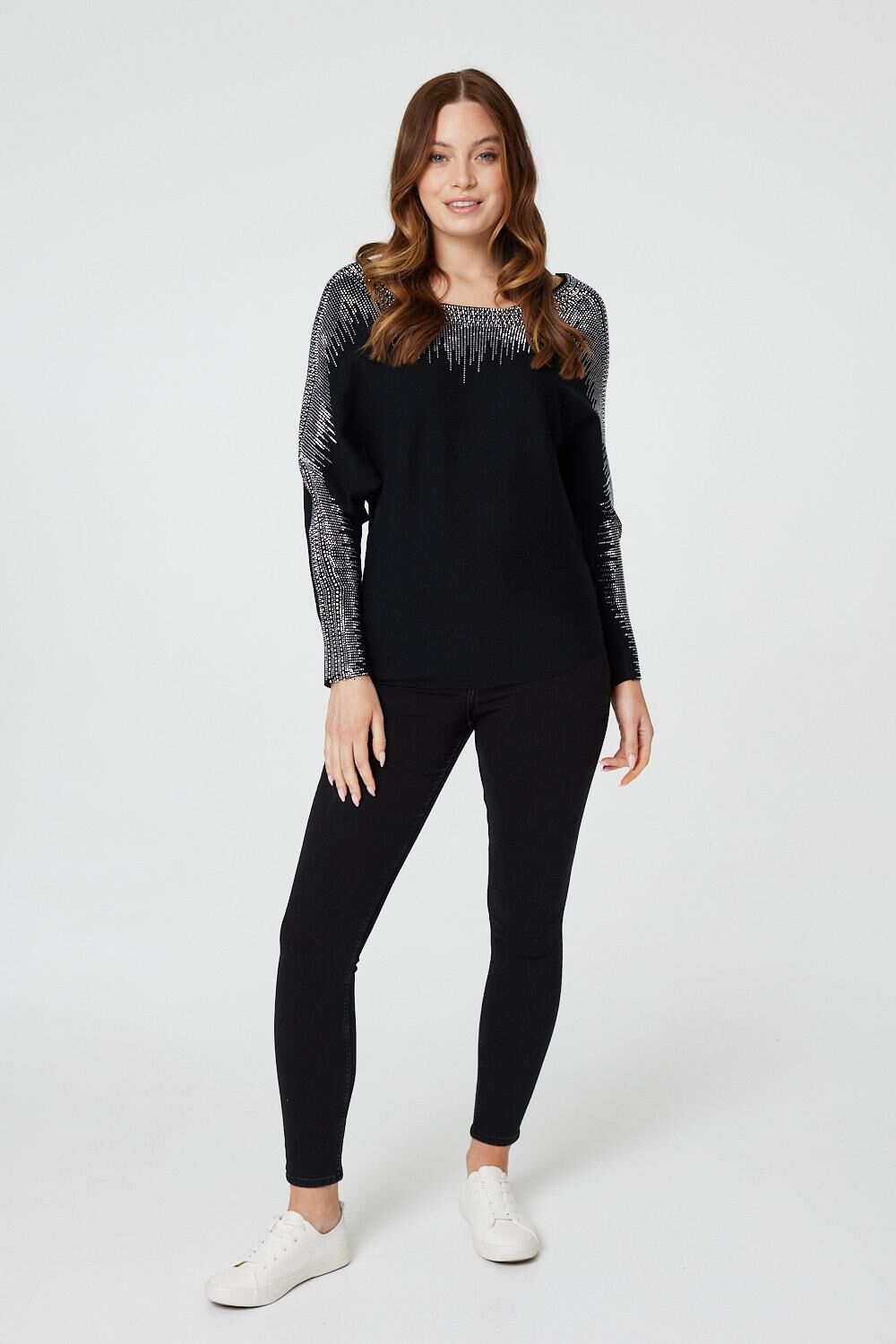 Izabel London Black - Embellished Diamante Knit Jumper, Size: 10